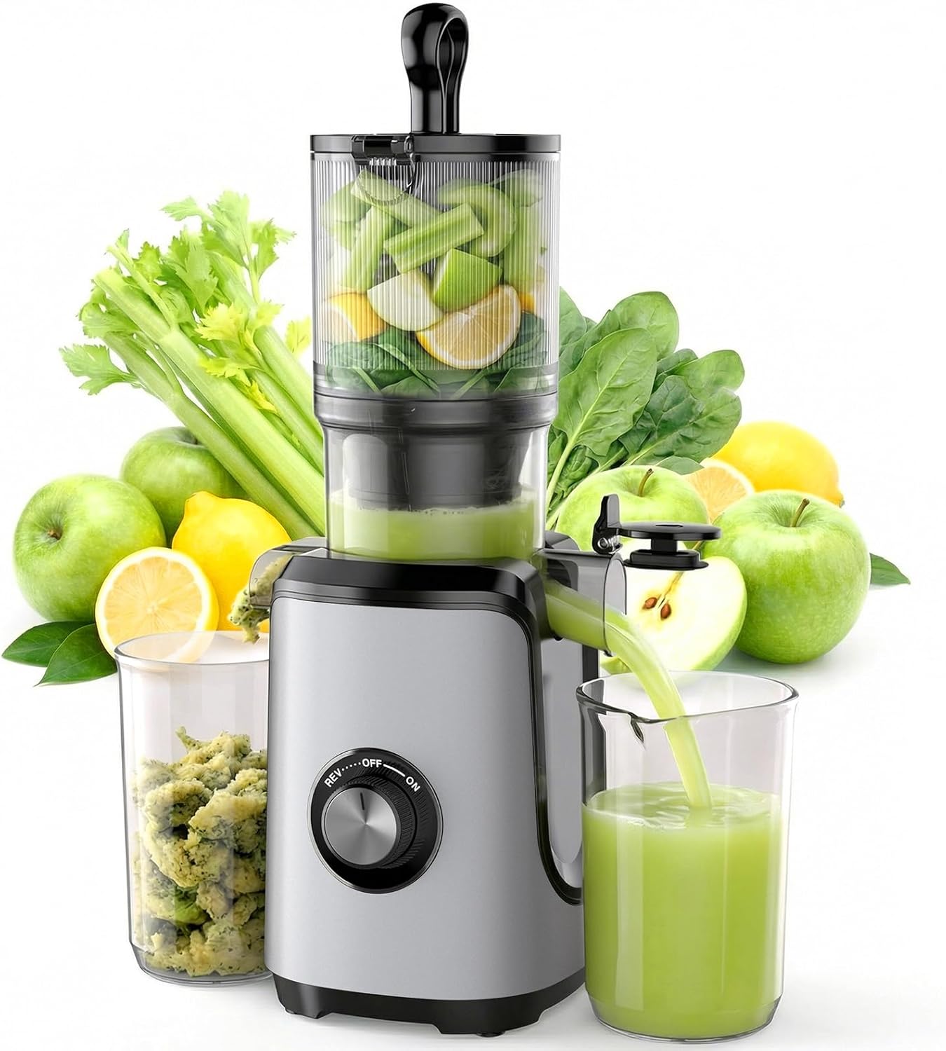 NEWBULIG Cold Press Juicer Machines, Masticating Juicer with High Juice Yield, Reverse Function, Stops Oxidation and Easy to Clean for Vegetables & Fruits, Black