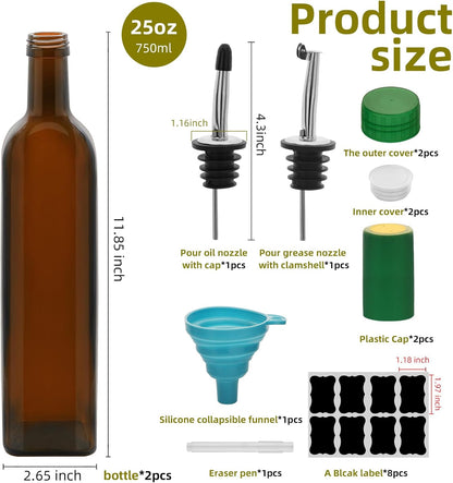 2Pcs 25 oz Olive Oil Dispenser Bottle,750 ml Glass Oil and Vinegar Dispenser Set with Pourers and Funnel ，Oil Bottles for Kitchen Large capacity oil bottles (Green 2pcs)
