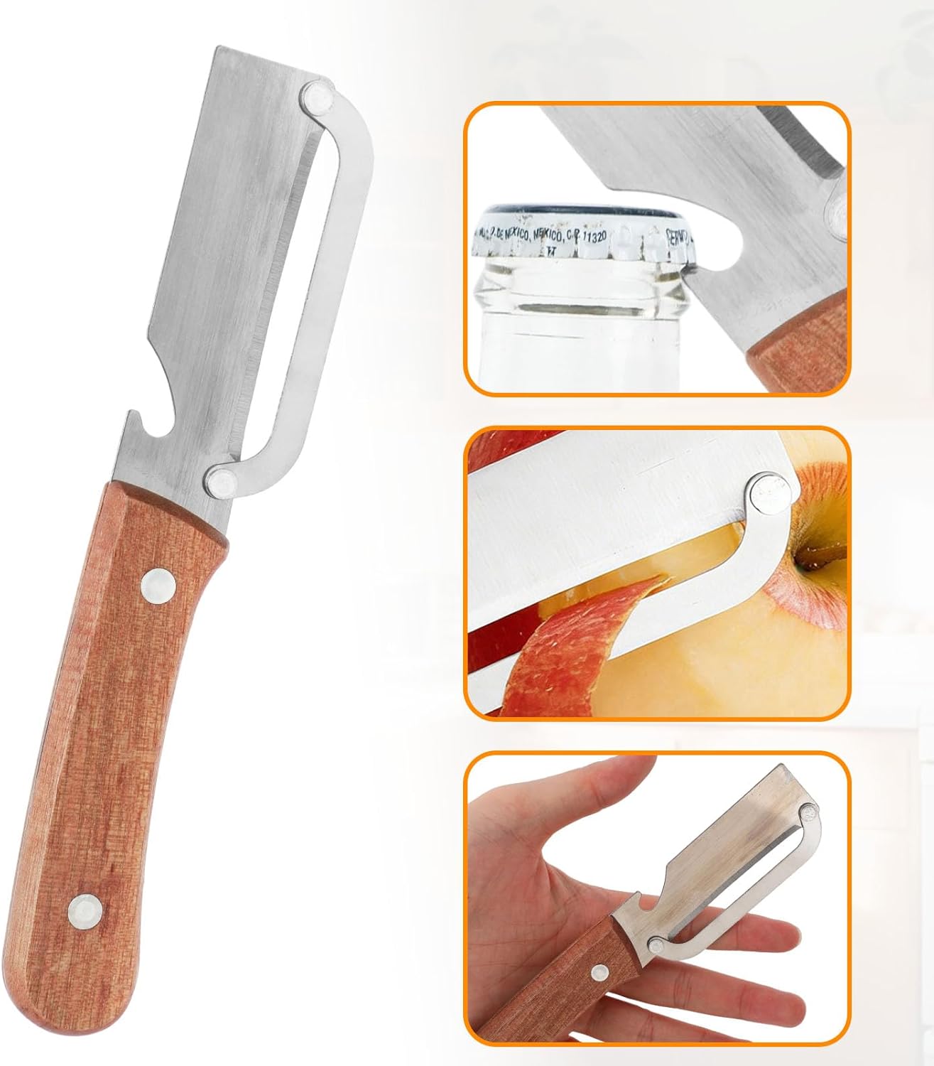 Multi-Functional Vegetable Peeler with Wooden Handle, Stainless Steel Thick & Thin Skin Fruit Peeler with Bottle Opener, Not for Left-Handed Users, Practical Kitchen Tool for Apple Potato