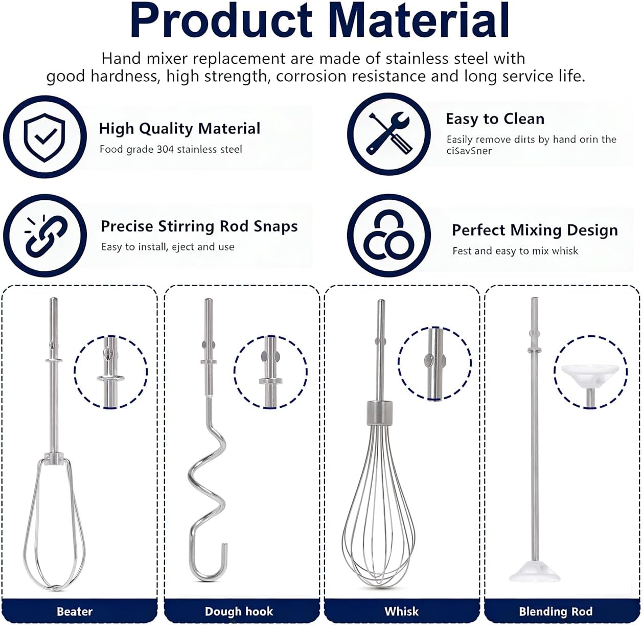 Handheld Mixer Attachments, Stainless Steel Beater Whisk Blending Rod & Dough Hooks, Replacement Compatible with KitchenAid Hand Mixers KHM3 KHM5 KHM7 KHM9, 6-Piece