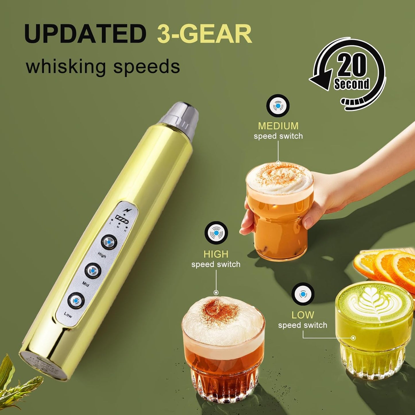 YUSWKO Black Handheld Milk Frother Wand for Coffee, Rechargeable Electric Whisk with 3 Heads 3 Speeds Drink Mixer Coffee Frother For Latte, Cappuccino, Hot Chocolate, Egg