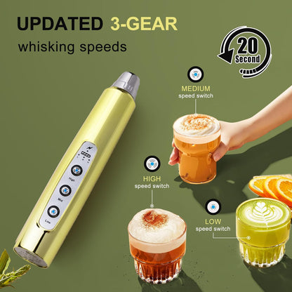 YUSWKO Black Handheld Milk Frother Wand for Coffee, Rechargeable Electric Whisk with 3 Heads 3 Speeds Drink Mixer Coffee Frother For Latte, Cappuccino, Hot Chocolate, Egg