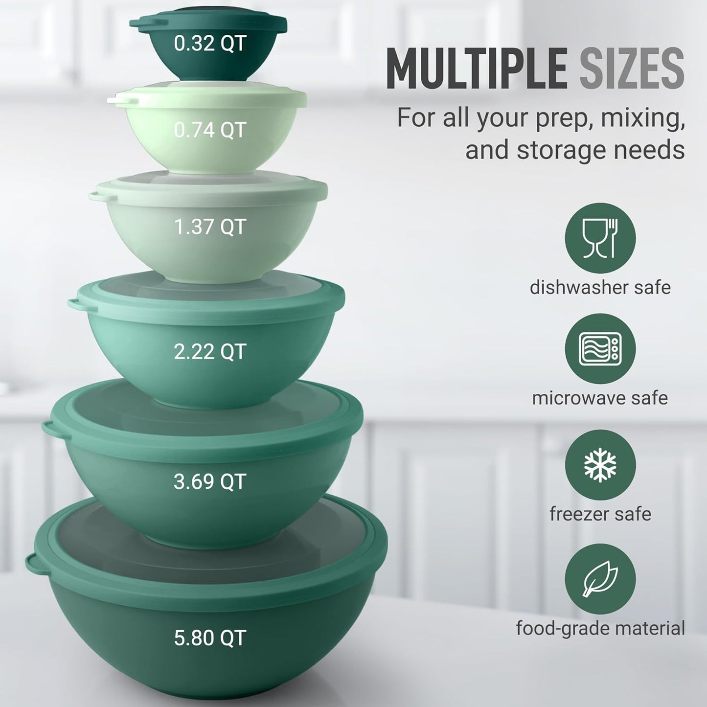 Zulay Kitchen 12 Piece Plastic Mixing Bowls with Lids Set - Leak-Proof Microwave & Freezer Safe Stackable Mixing Bowl Set for Preparing, Serving and Storing - Non-Slip Large Nesting Bowls (Blue Ombre)