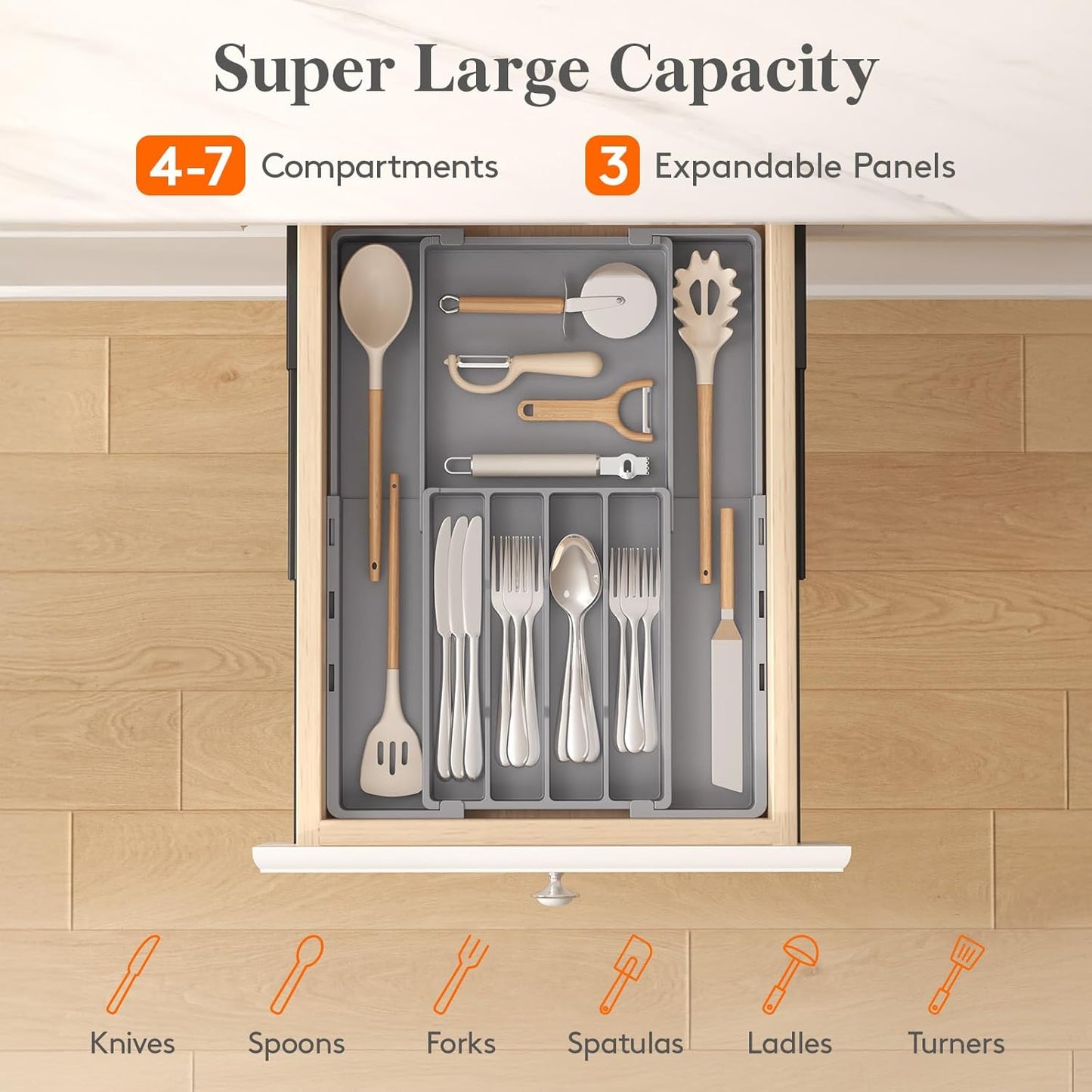 Lifewit Silverware Drawer Organizer, Expandable Utensil Tray for Kitchen, BPA Free Flatware and Cutlery Holder, Adjustable Plastic Storage for Spoons Forks Knives, 4-7 Slots, Black