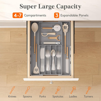 Lifewit Silverware Drawer Organizer, Expandable Utensil Tray for Kitchen, BPA Free Flatware and Cutlery Holder, Adjustable Plastic Storage for Spoons Forks Knives, 4-7 Slots, Black