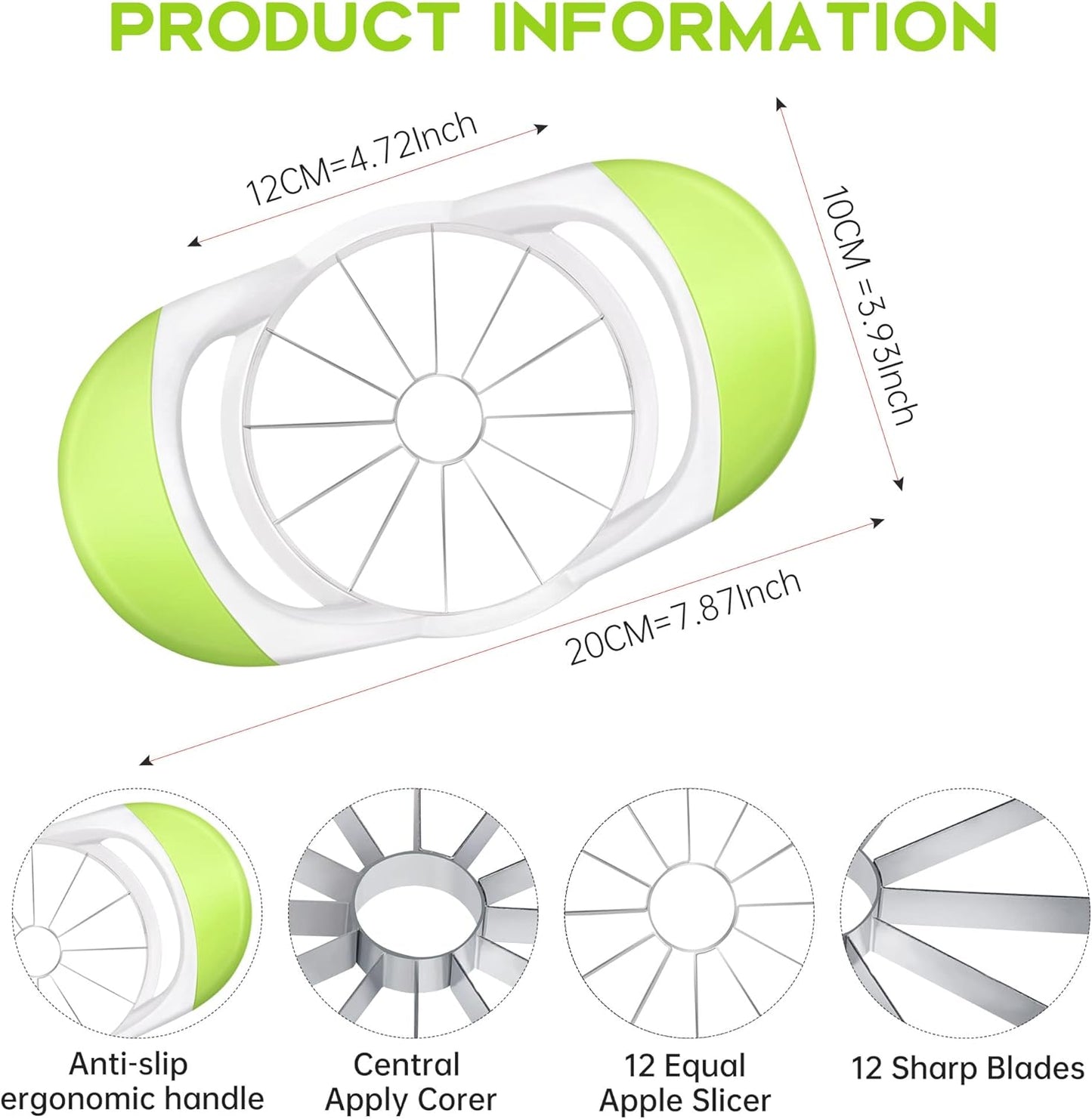 Supercenter Apple Cutter, Apple Corer and Slicer - Stainless Steel Apple Corer - 4.72 Inch Apple Slicer Tool with 12 Super Sharp Blades, lightweight Apple Slicer and Corer with Anti-slip Handle