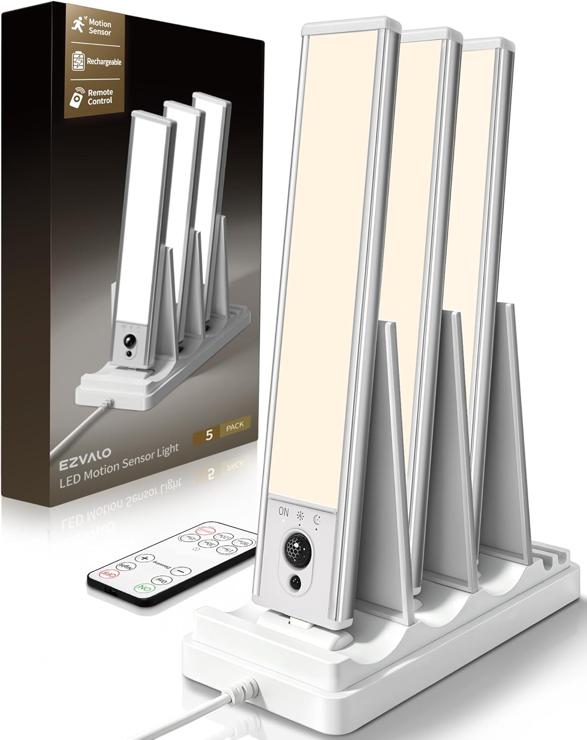 EZVALO 5-Pack Under Cabinet Lighting with Charging Station, 2400mAh Motion Sensor Light, LED Coutner Lights Wireless, 3000K Dimmable, Timer, Magnetic, with Remote Control for Kitchen, Closet, Stair