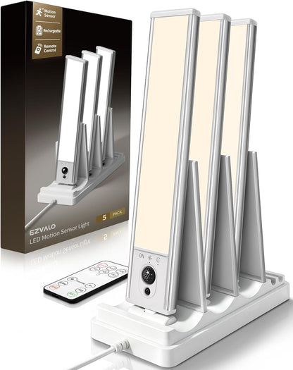 EZVALO 5-Pack Under Cabinet Lighting with Charging Station, 2400mAh Motion Sensor Light, LED Coutner Lights Wireless, 3000K Dimmable, Timer, Magnetic, with Remote Control for Kitchen, Closet, Stair