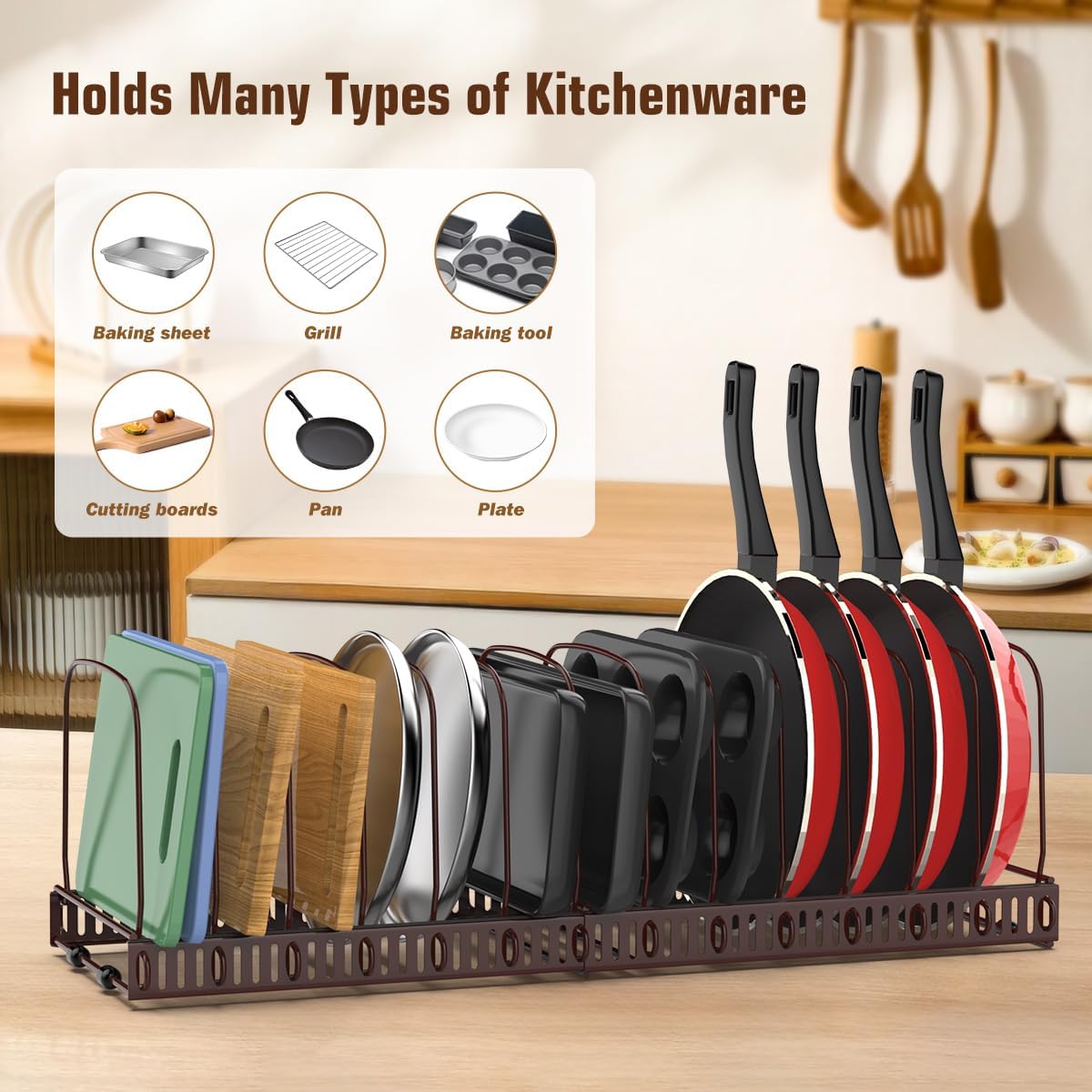Housolution Cutting Board Organizer Rack, Expandable Baking Tray and Cookie Sheet Organizer with 14 Adjustable Dividers, Bakeware Muffin Tin Cupcake Pan Storage Organizer for Cabinet, Black