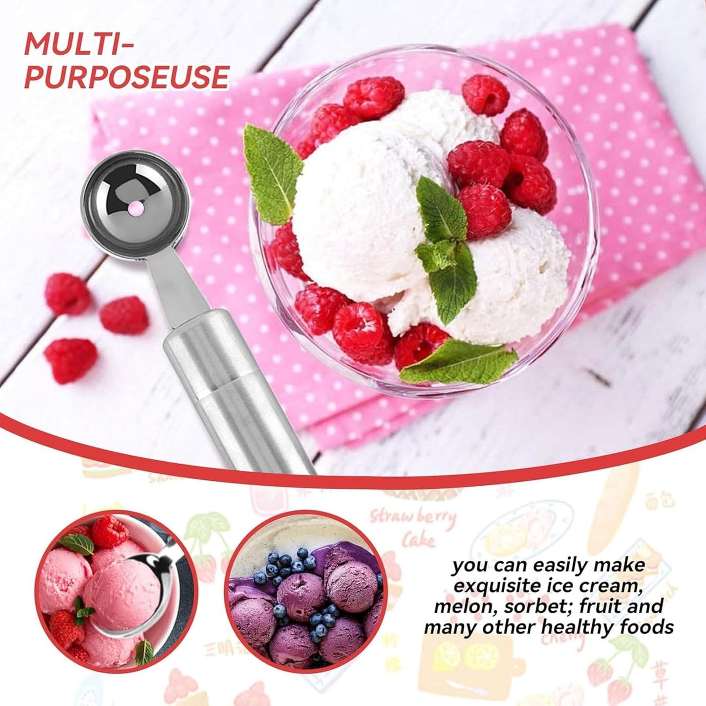 Stainless Steel Melon Baller Scoop, Fruit Carving Knife Melon Baller Watermelon Cantaloupe Scooper(Ball End + Knife End)