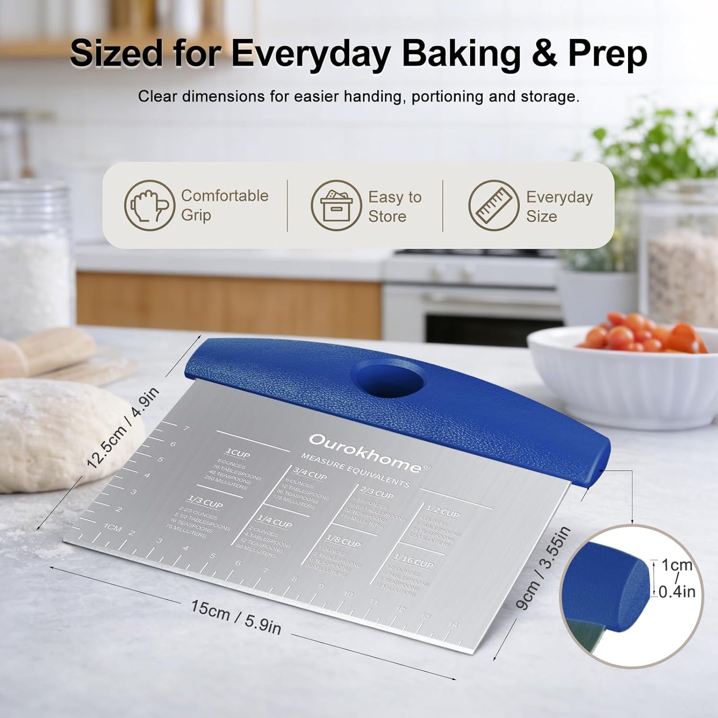 Ourokhome 2 Pack Bench Scraper Dough Cutter, Stainless Steel Dough Scraper with Laser-Etched Scale, Conversion Chart, Non-Slip Handle, Dishwasher Safe for Bread & Pastry, Black