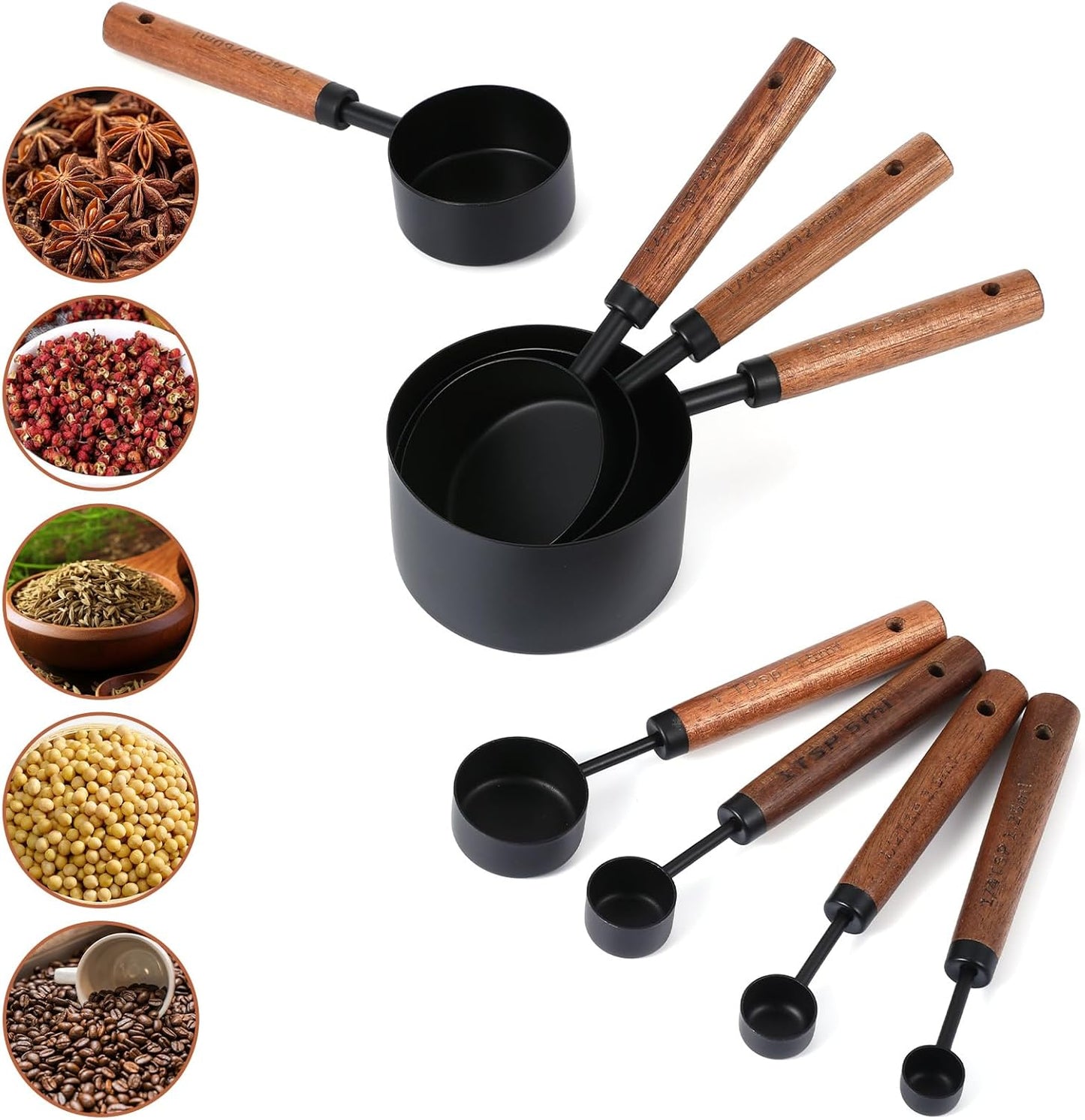 Stainless Steel Measuring Cups Set and Measuring Spoons Wooden Handle Metal Measure Cups and Spoons for Cooking and Baking, Gold, 8 Piece