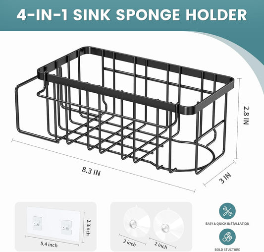 StorageRight 4-in-1 Sponge Holder for Kitchen Sink, Sink Caddy Organizers and Storage with Adhesive Hook & Suction Cups, Rustproof Kitchen Sink Organizer for Home Decor - Silver