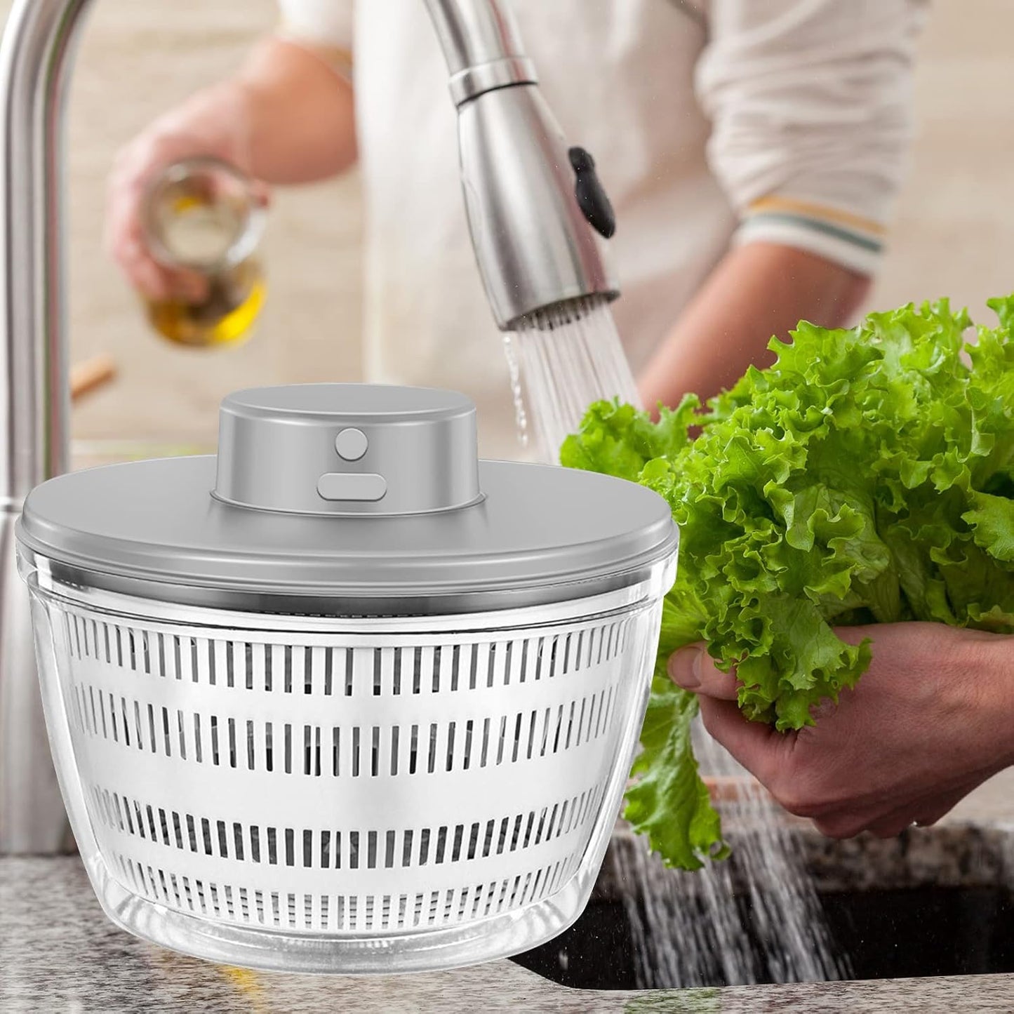 Electric Salad Spinner,6L Large Capacity Automatic Vegetables Fruit Washer Dryer Drainer Strainer,USB Charge Lettuce Spinner Cleaner with 350 ml Squeeze Bottle for Home Kitchen