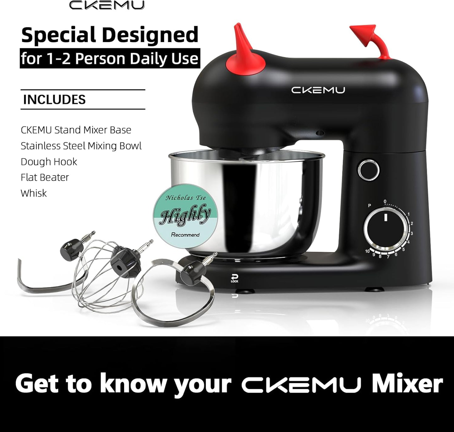 Stand Mixer, Compact & Space-Saving, Stainless Steel Bowl, Unique & Playful Design, Effcient 300W Motor, Dishwasher-Safe Attachments, SM-2549A (Black)