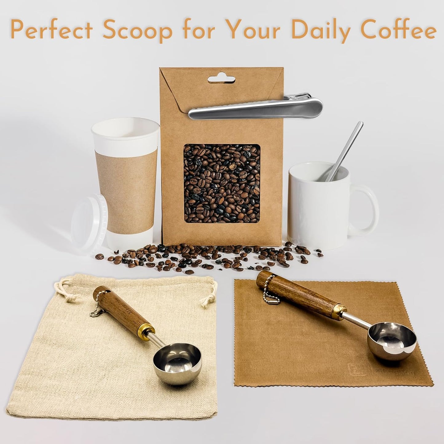 Coffee Scoop with Wooden Handle, 1 Tablespoon/ 15 ml, 304 Stainless Steel Measuring Spoon for Ground Coffee, Espresso, Tea, Protein Powder, Spices (6 Pack)