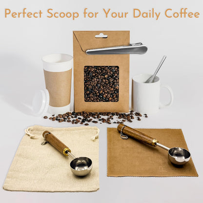 Coffee Scoop with Wooden Handle, 1 Tablespoon/ 15 ml, 304 Stainless Steel Measuring Spoon for Ground Coffee, Espresso, Tea, Protein Powder, Spices (6 Pack)