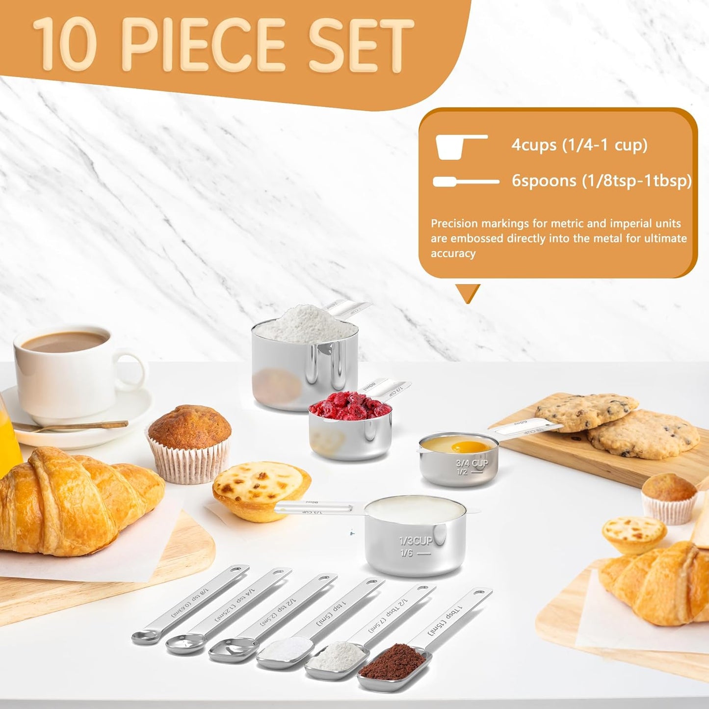 Magnetic Measuring Cups and Spoons Set, 7 Nesting Stainless Steel Measuring Cup Set with Easy to Read Markings, 7 Magnetic Measuring Spoons & 1 Leveler for Measuring Dry or Liquid Ingredients