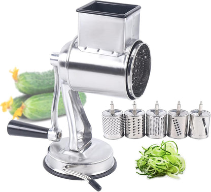 5-in-1 Rotary Cheese Grater Hand Drum Slicer Manual Cheese Shredder Multi-function Stainless Steel Vegetable Chopper Cutter with 5 Blades for Fruit Potato Cucumber Lemon Nut, Silver (Type2)