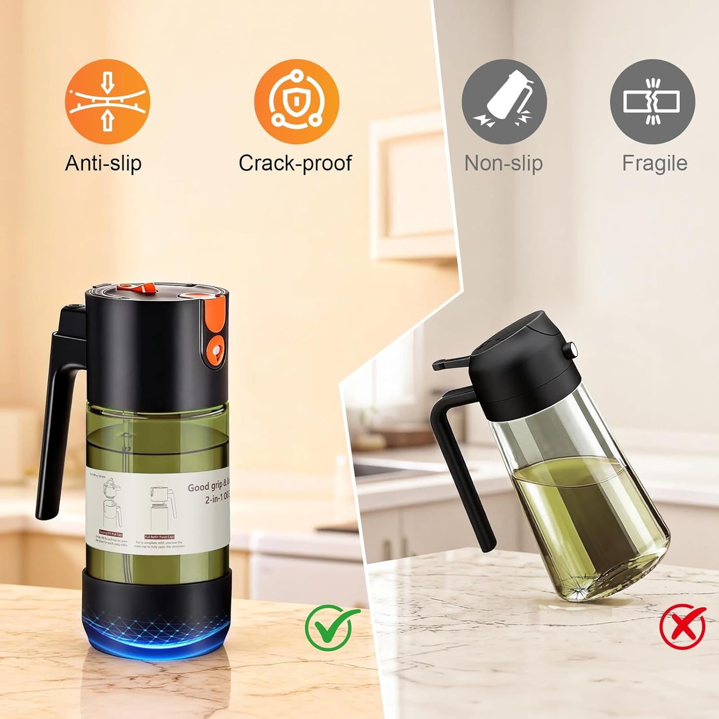 2-IN-1 Oil Sprayer for Cooking with 8 Stickers Light-Blocking Dark Glass Olive Oil Dispenser Bottle for Kitchen 500ml/16.9oz Oil Mister for Air Fryer, BBQ,Salad Even Spray with Portion Control