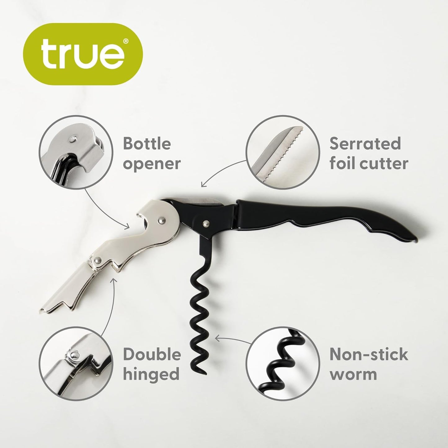 True Truetap Double Hinged Waiter's Corkscrew Wine Opener, Stainless Steel Wine Bottle Opener with Built In Foil Cutter, Home Bar Tools, Bar Cart Accessories, Wedding Gifts, Set of 1, Black