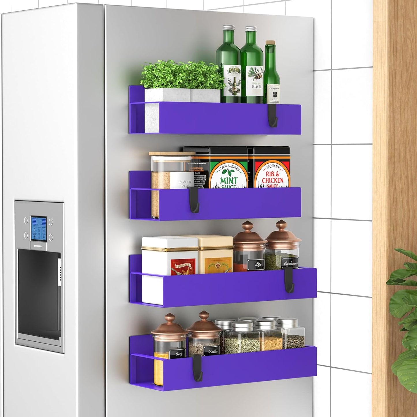 HuggieGems Metal 4 Pack Magnetic Spice Storage Rack Organizer for Refrigerator and Oven, Black Fridge Organizers and Storage, Metal