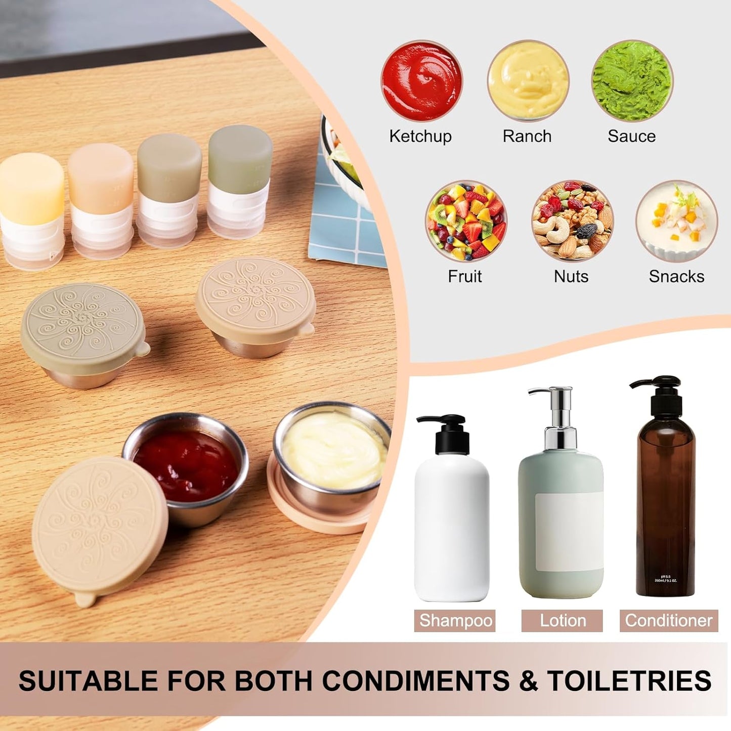 MICEBAY 8-Pack Salad Dressing Container To Go, 2-oz Silicone Small Condiment Squeeze Bottles and 1.6 oz Stainless Steel Sauce Containers Cups, Leakproof Condiment Containers with Lids for Lunch Box