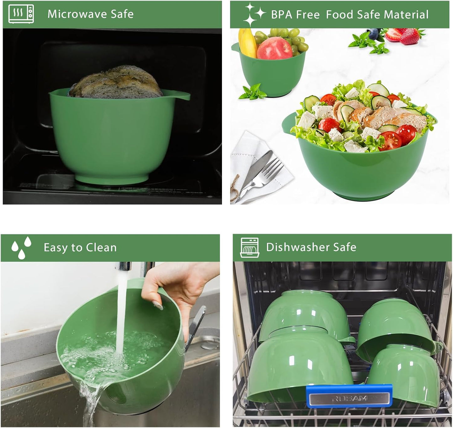 BoxedHome Green Ombre Nesting Plastic Mixing Bowl Set With Pour Spout, Microwave and Dishwasher Safe, BPA free Non-Slip Base, Set of 4 Size 1.7, 2.5, 3.5 and 4.5qt, Great for Prepping, Baking, Cooking