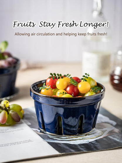 Gomakren Ceramic Berry Basket Set of 2, Round Fruit Bowl with Holes, Fruit Storage Containers for Fridge, Small Fruit Basket for Kitchen Counter, Berries, Strawberry, Mothers Day Gifts, White
