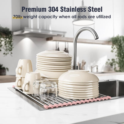 Tomorotec 17.7" x 15.5" Roll Up Dish Drying Rack Over Sink Drying Rack Sink Cover Kitchen Sink Accessories Gadget Multipurpose Organizer Foldable Stainless Steel Drainer