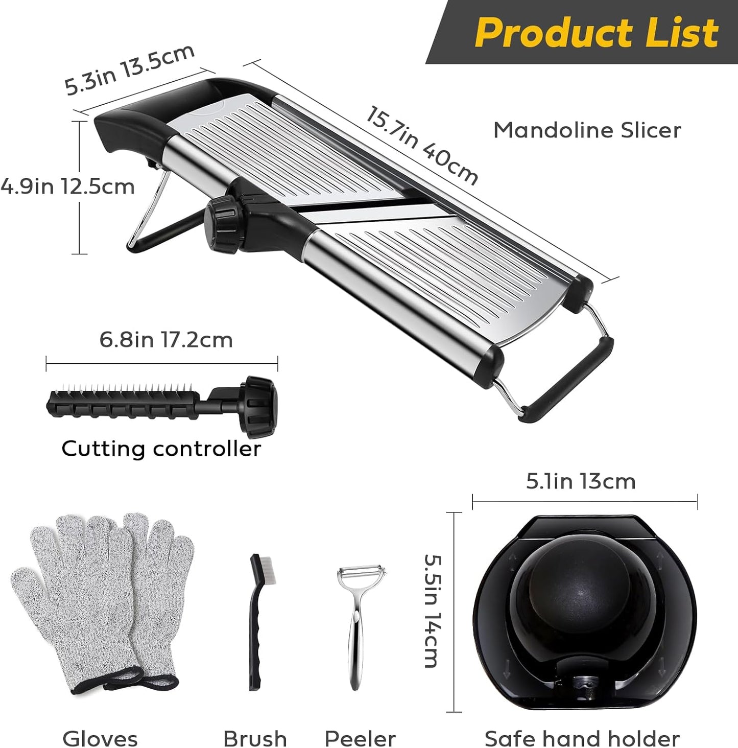 Mandoline slicer, Stainless Steel adjustable Mandoline vegetable slicer, mandoline for kitchen, Vegetable Cutter potato,onion,cucumber slicer, with paring knife, brush and cutproof gloves