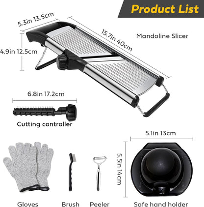 Mandoline slicer, Stainless Steel adjustable Mandoline vegetable slicer, mandoline for kitchen, Vegetable Cutter potato,onion,cucumber slicer, with paring knife, brush and cutproof gloves