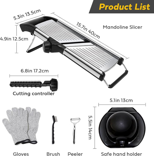 Mandoline slicer, Stainless Steel adjustable Mandoline vegetable slicer, mandoline for kitchen, Vegetable Cutter potato,onion,cucumber slicer, with paring knife, brush and cutproof gloves