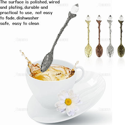 AUEAR, Retro Crystal Antique Alloy Spoon Coffee Tea Dessert Mini Ice Cream Decorative Spoons Set for Home Office (10 Pack)