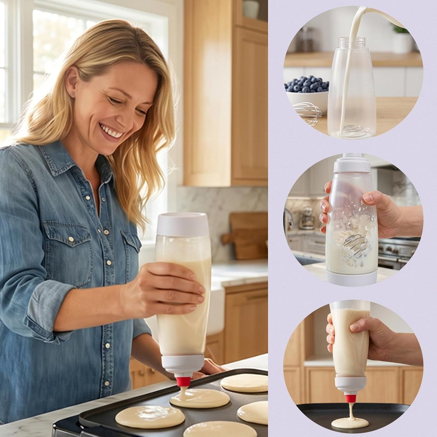 Pancake Batter Dispenser, 2 Pack Pancake Mix Dispenser with Whisk Ball and No-Drip Silicone Tip Squeeze Bottles for Pancakes, Crepes, Waffle, Muffins, Qatayef, Cupcakes