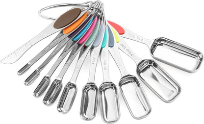Magnetic Measuring Spoons Set of 11 with Leveler, Measuring Spoons Stainless Steel Rectangular Metal Teaspoon for Dry & Liquid Ingredients (Black)