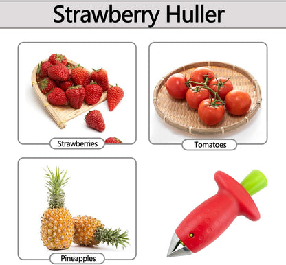 2pcs Strawberry Huller, Strawberry Stem and Leaf Remover Multi Function Fruit Corers Tool for Tomato Pineapple, Baking and Jam Making, Red