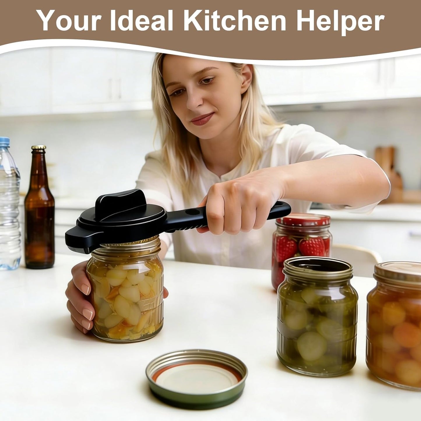 Multi-Functional 4-in-1 Jar Opener, Adjustable Stainless Steel Bottle Opener for Multi Size Jar Bottles with Ergonomic Non-Slip Handle Grip, Kitchen Helper for Seniors Weak Hands Arthritis