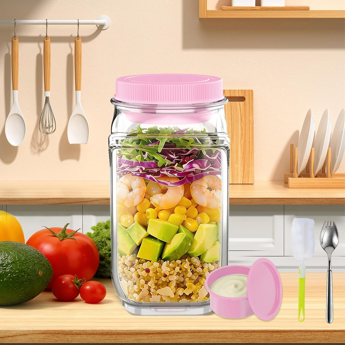 FNHMSL Side-Opening Mason Salad Jar, Portable (35 oZ) 1000ml Salad Container with Leakproof Dressing Cup, Includes Spoon and Cleaning Brush, Perfect for Meal Prep, Gym, Office, Picnic and Travel