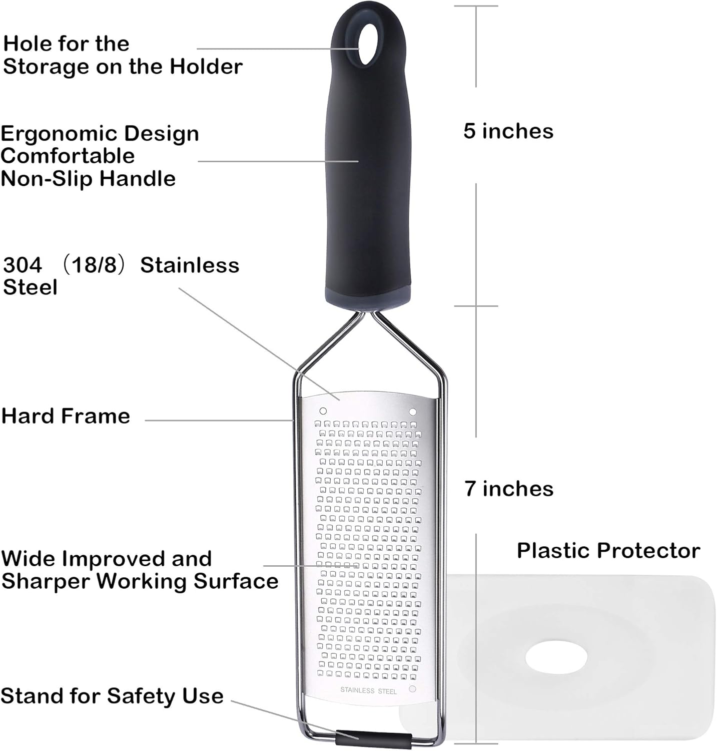 Lemon Zester, Stainless Steel Kitchen Cheese Grater, Plastic Cover Ergonomic Soft Black Handle