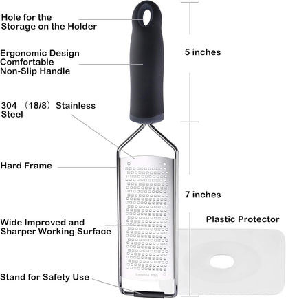 Lemon Zester, Stainless Steel Kitchen Cheese Grater, Plastic Cover Ergonomic Soft Black Handle