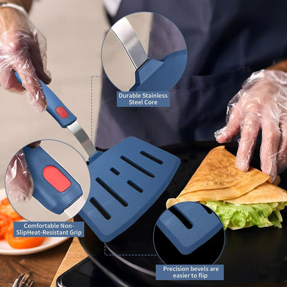 Silicone Spatula Turner Set of 3, Heat Resistant Large Wide Spatula for Pancake, Silicone Fish Spatulas Flipper for Cooking & Non-stick Cookware, BPA Free Rubber Cooking Untensil Set