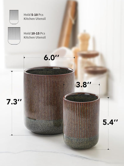 LE TAUCI Utensil Holder for Kitchen Counter, 7.3"+5.4" Fluted Ceramic Utensil Crock Organizer for Countertop, Heavy Large Holder for Spatulas, Spoons, Set of 2, White, Kitchen Counter Decor