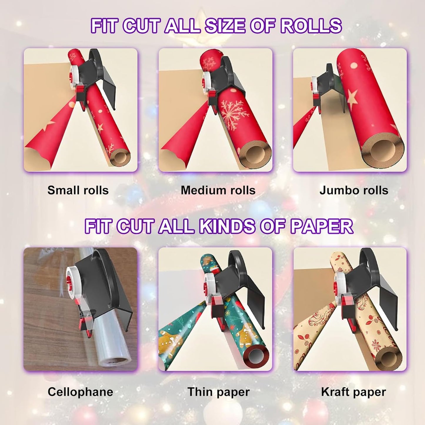 Upgrade 2 Pack Wrapping Paper Cutter &Tape Dispenser Dual Use, Gift Wrap Cutter Tool with 4 Tapes, 2 Replace Blades Kit for Rolls Paper, Perferct for Christmas Birthday, Easy Cut for Present Wrapping