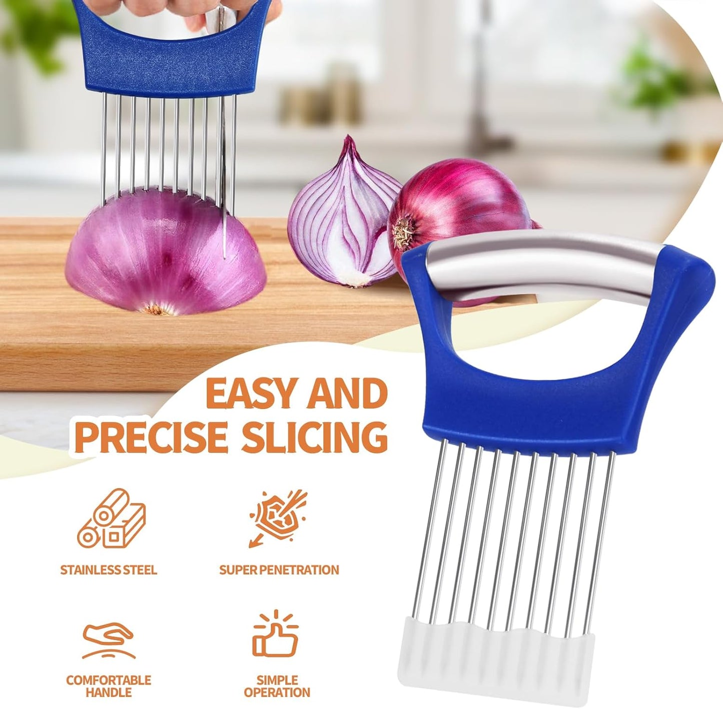2PCs Stainless Steel Onion Slicer Holder, Onion Cutter Holder for Slicing of Onions,Tomatoes,Avocados,Eggs and Other Vegetables,KItchen Utensils (Orange & Black)