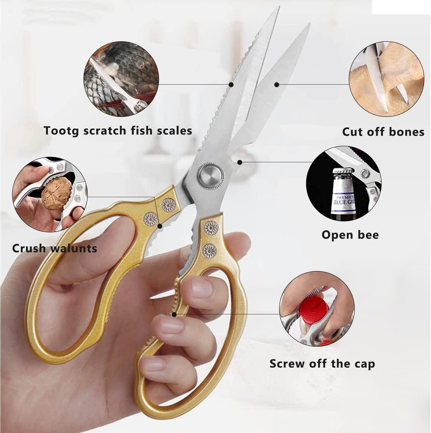 AWinjoy Kitchen Scissors, Heavy Duty Sharp Shears Dishwasher Safe, Rose Gold Cooking Accessories for Meat, Chicken, Fish, Poultry, Herb, Bread