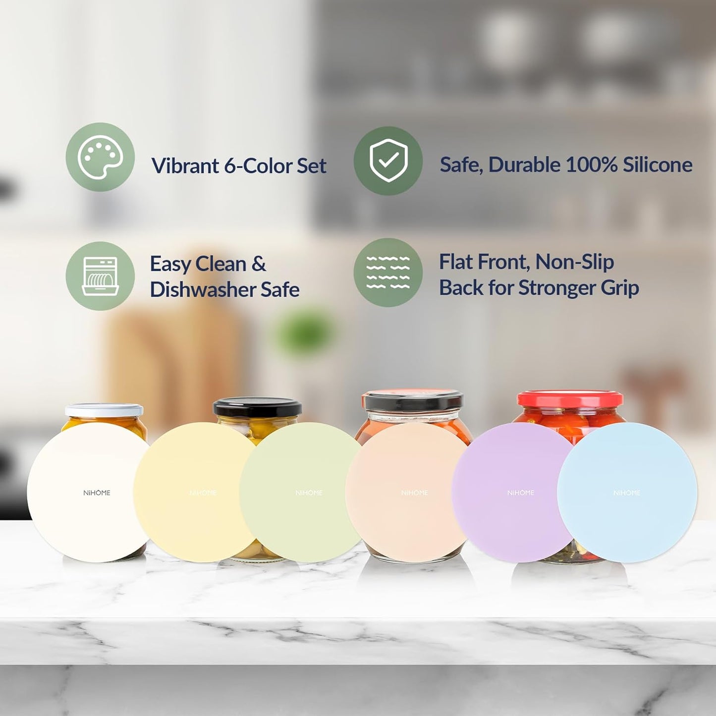 NIHOME Silicone Jar Opener – 6 Inch Large Anti-Slip Grip Pads, Premium 100% Food-Grade Silicone, Stylish Designer Colors, Multi-Purpose Heat-Resistant Mat & Coaster, Set of 4