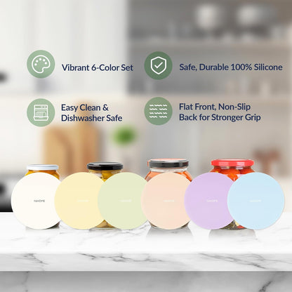 NIHOME Silicone Jar Opener – 6 Inch Large Anti-Slip Grip Pads, Premium 100% Food-Grade Silicone, Stylish Designer Colors, Multi-Purpose Heat-Resistant Mat & Coaster, Set of 4