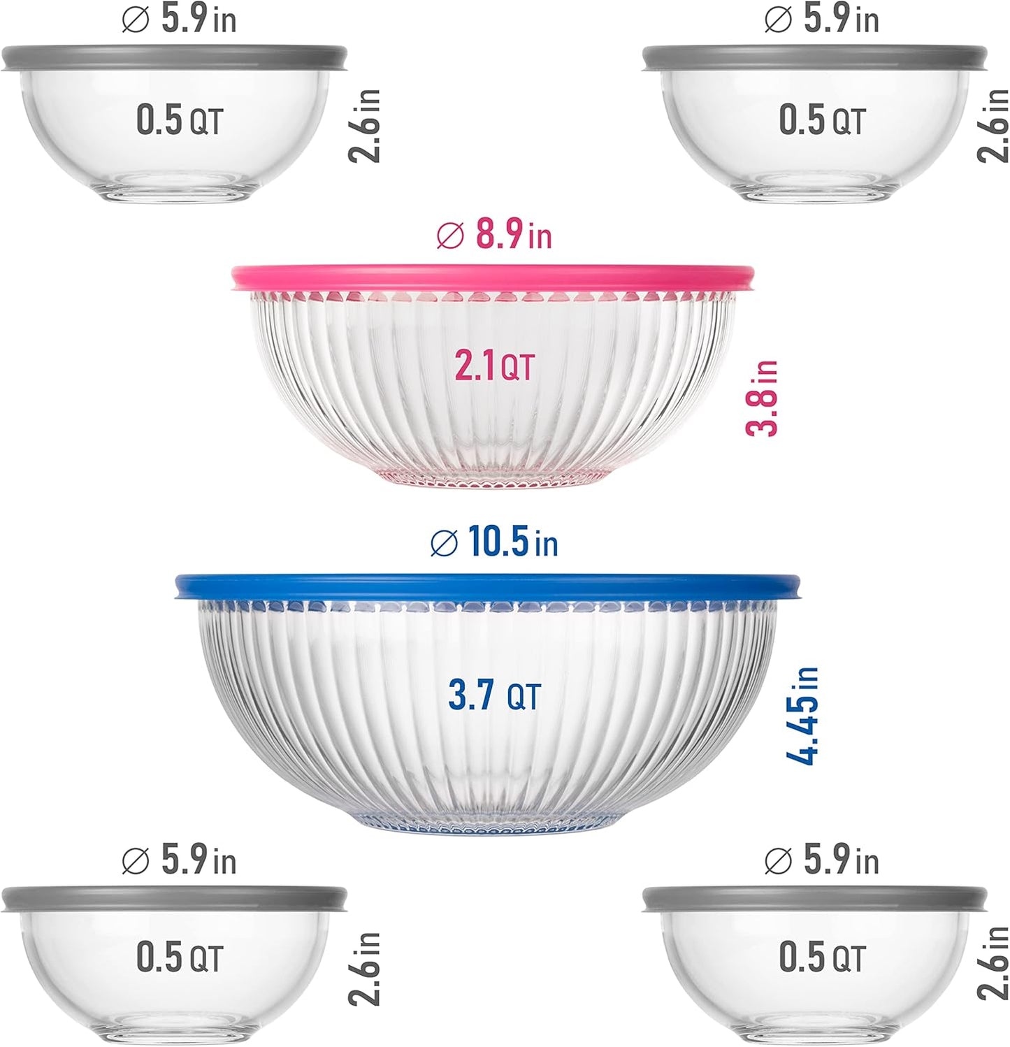 Set of 5 Nesting Glass Bowls with New Updated Acacia Lids for Foodprep, Storage, Mixing & Cooking - Microwave & Oven-ready BPA Free Durable Heat Resistant Inert Borosilicate Glass