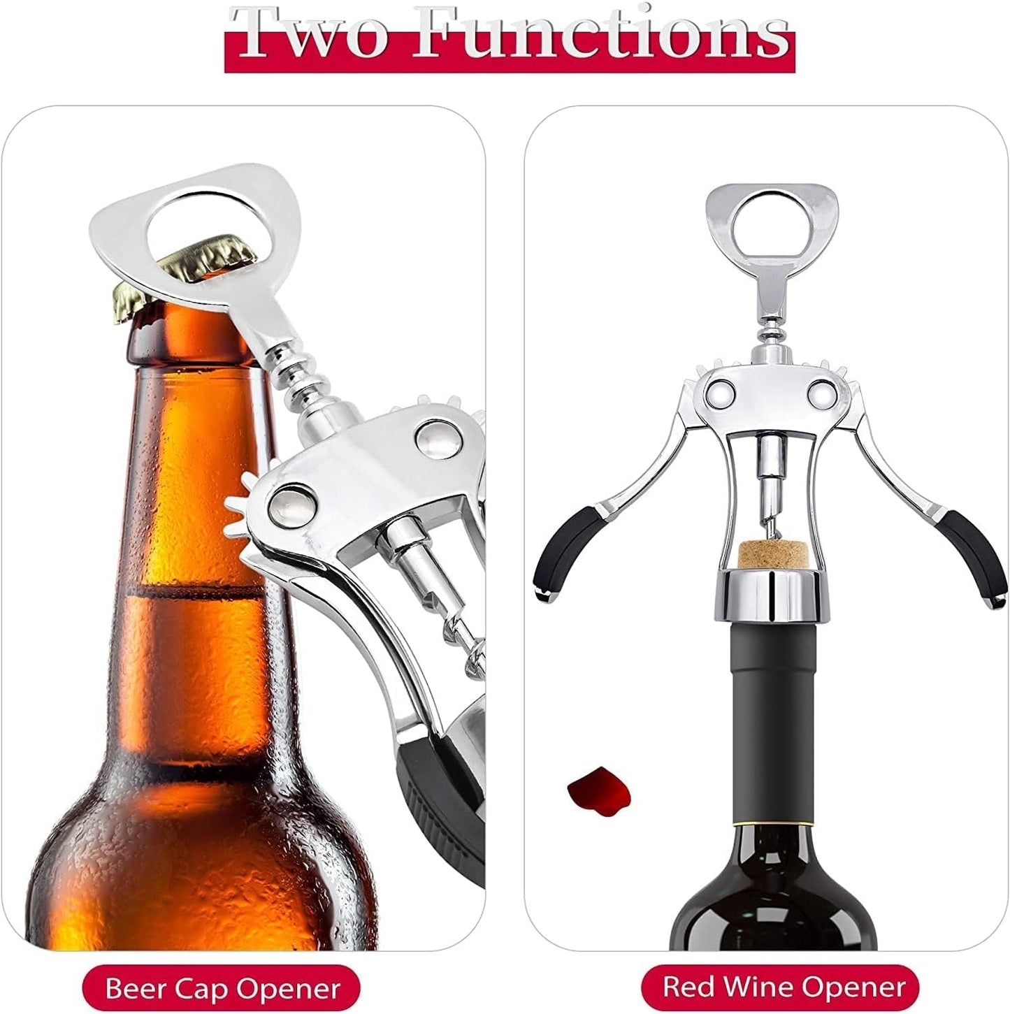 Professional Wing Corkscrew - Zinc Alloy Wine Opener with Non-Slip Silicone Handle - Multifunctional 2 in 1 for Red Wine and Beer Bottles - Ideal for Home Bars, 19 x 6 x 5.5 CM, Natural